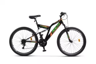 Bicicleta MTB-Full Suspension Rich R2649A, Sunrun 21 Viteze, Roti 26 Inch, Frane V-Brake, Negru/Verde/Portocaliu