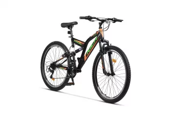 BICICLETE DE MUNTE - Bicicleta MTB-Full Suspension Rich R2649A, Sunrun 21 Viteze, Roti 26 Inch, Frane V-Brake, Negru/Verde/Portocaliu, https:carpatsport.ro