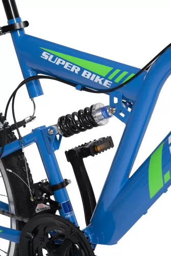 Bicicleta MTB-Full Suspension Rich R2649A, Sunrun 21 Viteze, Roti 26 Inch, Frane V-Brake, Albastru/Verde/Alb