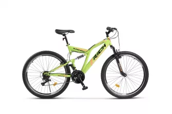 Bicicleta MTB-Full Suspension Rich R2649A, Sunrun 21 Viteze, Roti 26 Inch, Frane V-Brake, Verde/Portocaliu/Negru
