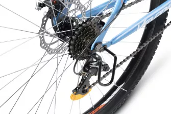 Bicicleta MTB-HT, Schimbator Saiguan, 18 Viteze, Roti 27.5 Inch, Frane pe Disc, Velors Vulcano V2709A, Albastru cu Design Portocaliu
