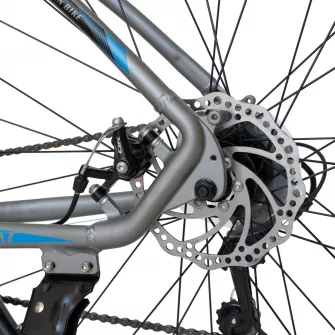 Bicicleta MTB-HT Carpat Invictus C2957C, Schimbator Shimano Tourney, 21 Viteze, Cadru Aluminiu, Roti 29 Inch, Frane pe Disc, Gri cu Design Albastru/Negru