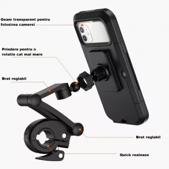Suport telefon pentru bicicleta cu protectie si ecran tactic, negru