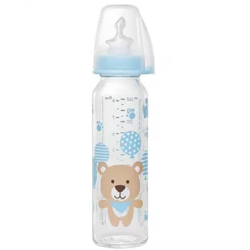 Biberon sticla 250 ml cu tetina silicon pt lapte, nr 1, nip 35015 albastru