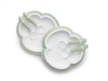 2 seturi hranire - farfurie, lingurita si furculita - Powder - Green - BabyBjorn