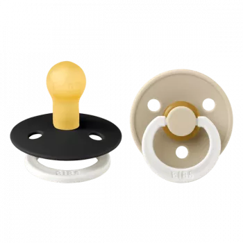 BIBS - Set 2 suzete fosforescente Colour Glow Latex, tetina rotunda, 0 luni +-Black/Vanilla