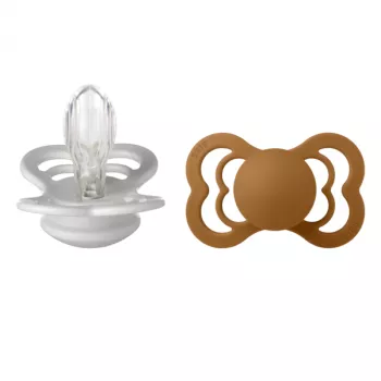 BIBS - Set 2 suzete Supreme Silicon, tetina simetrica, 6 luni +-Haze/Caramel