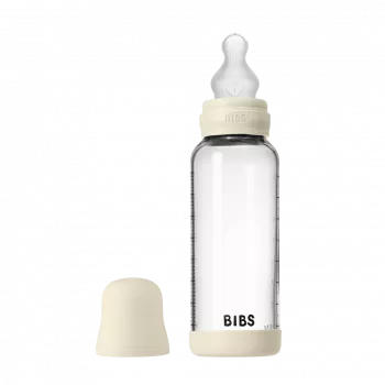 BIBS - Set complet biberon din sticla anticolici cu tetina din silicon, flux mediu, 240 ml, Ivory