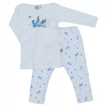 Pijama cu maneca lunga imprimeu Pisici Bleu