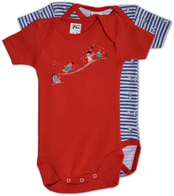 Set 2 body uri cu maneca scurta alb/rosu Pinguini 12 luni