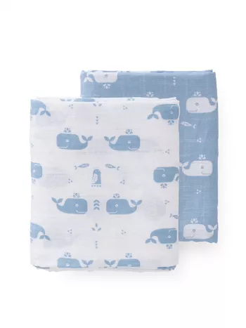 Set 2 museline 120x120 cm, model Whale blue