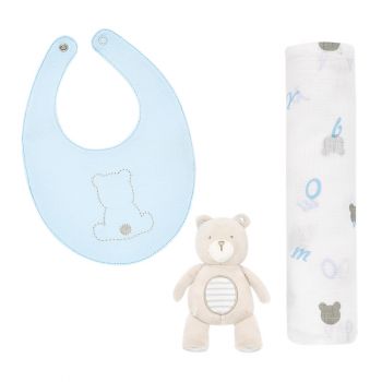 Set cadou - muselina, bavetica si ursulet - bleu - Mayoral