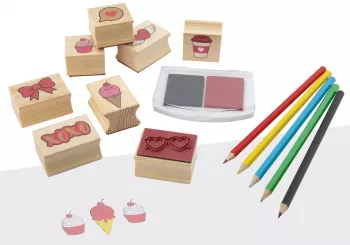 Set creativ - Stampile din lemn cu tusiera (inimioare)