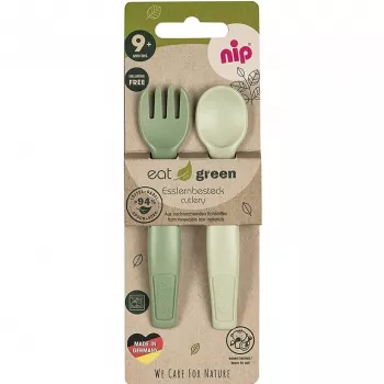 Set tacamuri Eat Green pentru bebelusi, lingurita si furculita, din plastic bio, lavabile in masina de spalat vase, 9+ luni, nip 38605, green