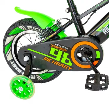 Bicicleta baieti Rich Baby R1407A, roata 14", C-Brake, roti ajutatoare cu LED, 3-5 ani, negru/verde 