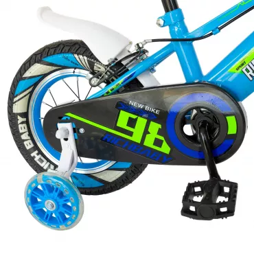 Bicicleta baieti Rich Baby R1407A, roata 14", C-Brake, roti ajutatoare cu LED, 3-5 ani, albastru/verde 