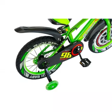 Bicicleta baieti Rich Baby R1607A, roata 16", C-Brake otel, roti ajutatoare cu LED, 4-6 ani, verde/negru