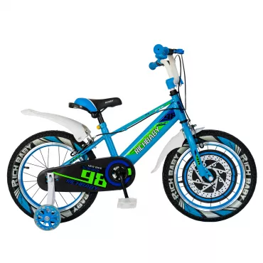 Bicicleta baieti Rich Baby R1807A, roata 18", C-Brake otel, roti ajutatoare cu LED, 5-7 ani, albastru/alb 