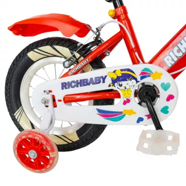 Bicicleta fete Rich Baby R1408A, roata 14", C-Brake, roti ajutatoare cu LED, 3-5 ani, rosu/alb