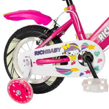 Bicicleta fete Rich Baby R1408A, roata 14", C-Brake, roti ajutatoare cu LED, 3-5 ani, fucsia/alb 