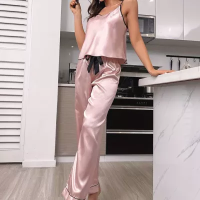 Set pijamale maiou și pantalon lung din satin Pink
