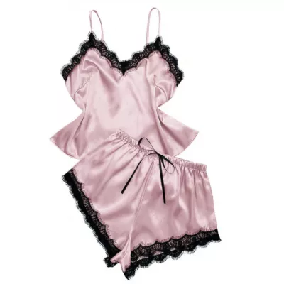 Set pijamale maiou și pantalon scurt din satin cu detalii dantelă