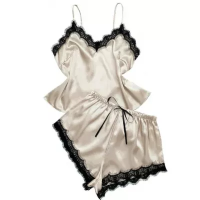 Set pijamale maiou și pantalon scurt din satin cu detalii dantelă kaki