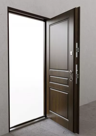 Usa metalica exterior casa PREMIUM PROVENCE , placata cu lemn 7 straturi la exterior , stejar bronz , izolatie termica 0.7 w mpK   , izolatie fonica 45 dB  , rezistenta sporita la soare si apa ,980x2050 , sisteme inchidere Securreme Italia , dreapta 