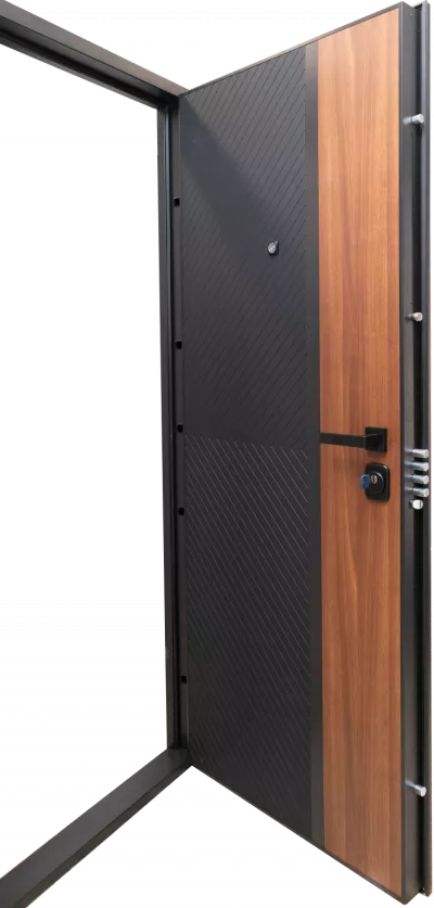 Usa metalica intrare in apartament blindata Corfu  ,echipata broasca Securreme , butuc Apecs , clasa 5 antiefractie , izolatie fonica 42 decibeli , culoare negru /nuc , 860x2050 mm , 110 kg , deschidere dreapta   1