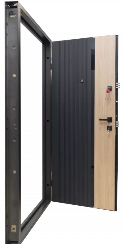 Usa metalica intrare in apartament Modern , clasa 4 antiefractie , izolatie fonica 42 decibeli , culoare negru exterior stejar interior , 860x2020 mm , deschidere stanga  1