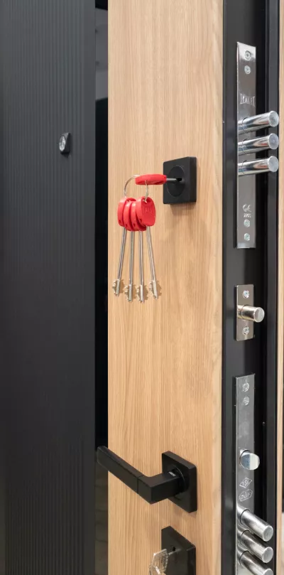 Usa metalica intrare in apartament Modern , clasa 4 antiefractie , izolatie fonica 42 decibeli , culoare negru exterior stejar interior , 860x2020 mm , deschidere stanga  1
