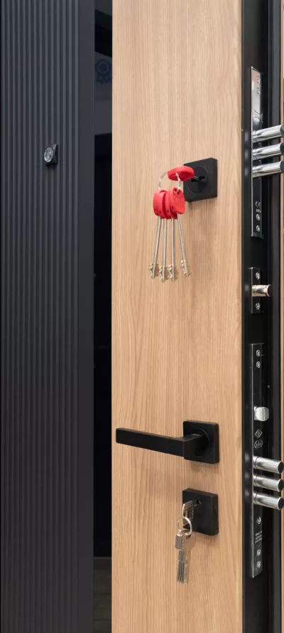 Usa metalica intrare in apartament Modern , clasa 4 antiefractie , izolatie fonica 42 decibeli , culoare negru exterior stejar interior , 860x2020 mm , deschidere stanga  1