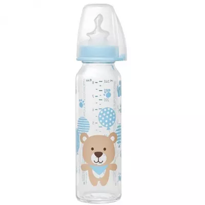 Biberon sticla 250 ml cu tetina silicon pt lapte, nr 1, nip 35015 albastru
