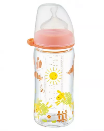 Biberon sticla cu gat larg, 240 ml, tetina silicon pt lapte, nr 1, nip 35064