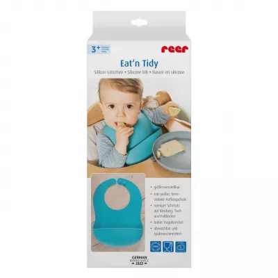 Bavetica din silicon moale cu buzunar colector pentru bebelusi, reglabila, albastra, Reer Eat`n Tidy 25033