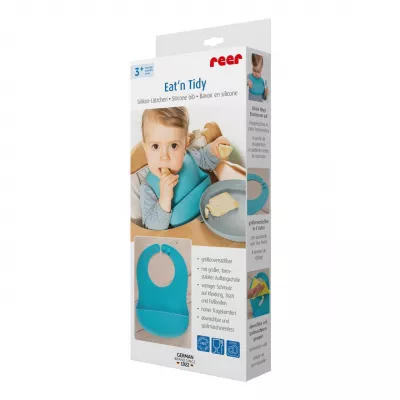 Bavetica din silicon moale cu buzunar colector pentru bebelusi, reglabila, albastra, Reer Eat`n Tidy 25033