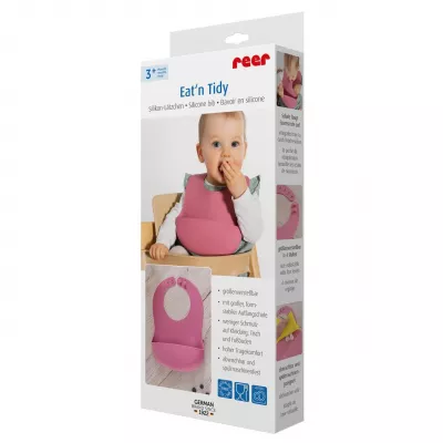 Bavetica din silicon moale cu buzunar colector pentru bebelusi, reglabila, roz, Reer Eat`n Tidy 25044