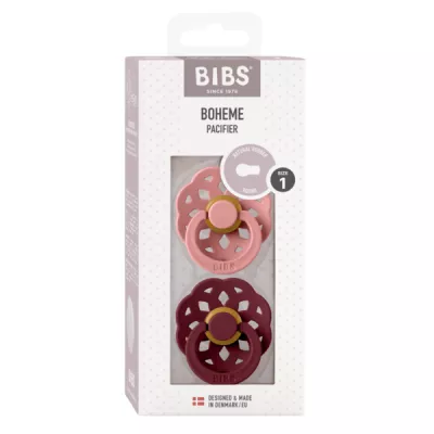 BIBS - Set 2 suzete Boheme Latex, tetina rotunda, 0 luni +-Dusty Pink/Elderberry