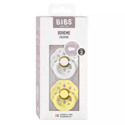 BIBS - Set 2 suzete Boheme Latex, tetina rotunda, 6 luni +-White/Sunshine