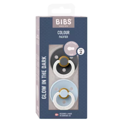 BIBS - Set 2 suzete fosforescente Colour Glow Latex, tetina rotunda, 6 luni +-Iron/Baby Blue