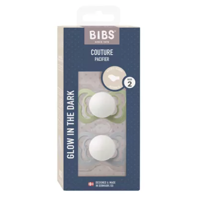 BIBS - Set 2 suzete Fosforescente Couture Glow Latex, tetina anatomica, 6 luni +-Sage/Cloud
