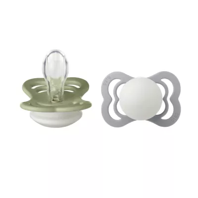 BIBS - Set 2 suzete Supreme Fosforescente GLOW Silicon, tetina simetrica, 0 luni +-Sage/Cloud