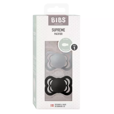 BIBS - Set 2 suzete Supreme Silicon, tetina simetrica, 0 luni +-Cloud/Black