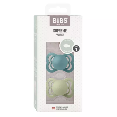 BIBS - Set 2 suzete Supreme Silicon, tetina simetrica, 0 luni +-Island Sea/Sage