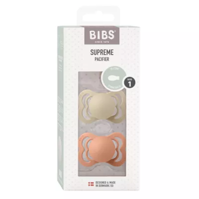 BIBS - Set 2 suzete Supreme Silicon, tetina simetrica, 0 luni +-Vanilla/Peach