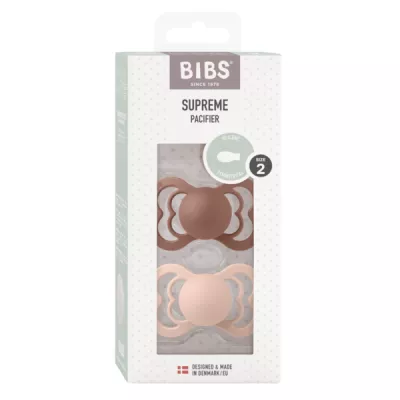 BIBS - Set 2 suzete Supreme Silicon, tetina simetrica, 6 luni +-Blush/Woodchuck