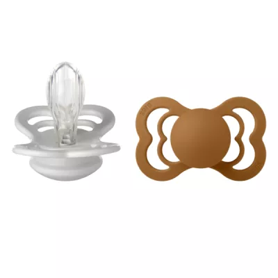 BIBS - Set 2 suzete Supreme Silicon, tetina simetrica, 6 luni +-Haze/Caramel