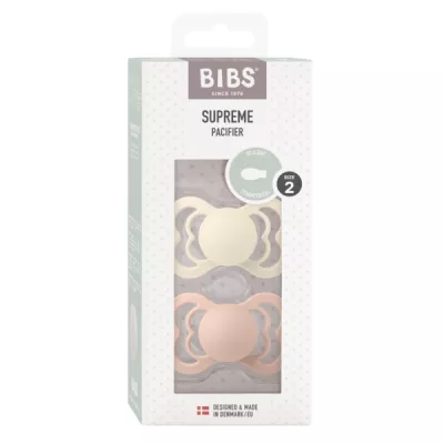 BIBS - Set 2 suzete Supreme Silicon, tetina simetrica, 6 luni +-Ivory/Blush