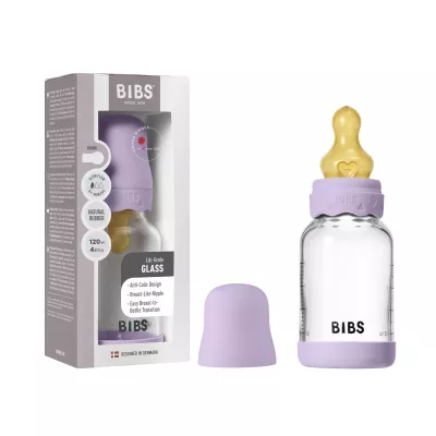 BIBS - Set complet biberon Boheme din sticla anticolici cu tetina din latex, flux lent, 120 ml, Violet Sky