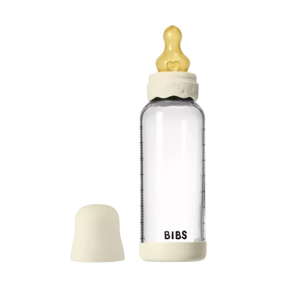 BIBS - Set complet biberon Boheme din sticla anticolici cu tetina din latex, flux mediu, 240 ml, Ivory